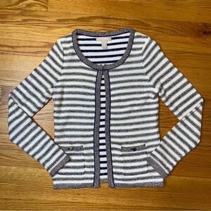 Banana Republic Women's Metallic Striped Cream Blue Gold Cardigan Sweater Sz XS